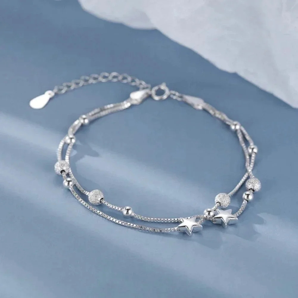 925 Sterling Silver Star & Bead Bracelet Dainty Thin Double Layer Chain Bracelet
